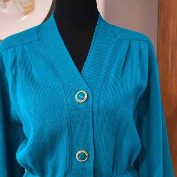 St. John Long Sleeve Knit Sweater Coat Dress Turquoise Size 10 - Picture 3 of 6